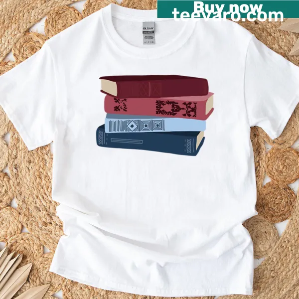 Illustrated t-shirt featuring a pile of books, celebrating literature and reading