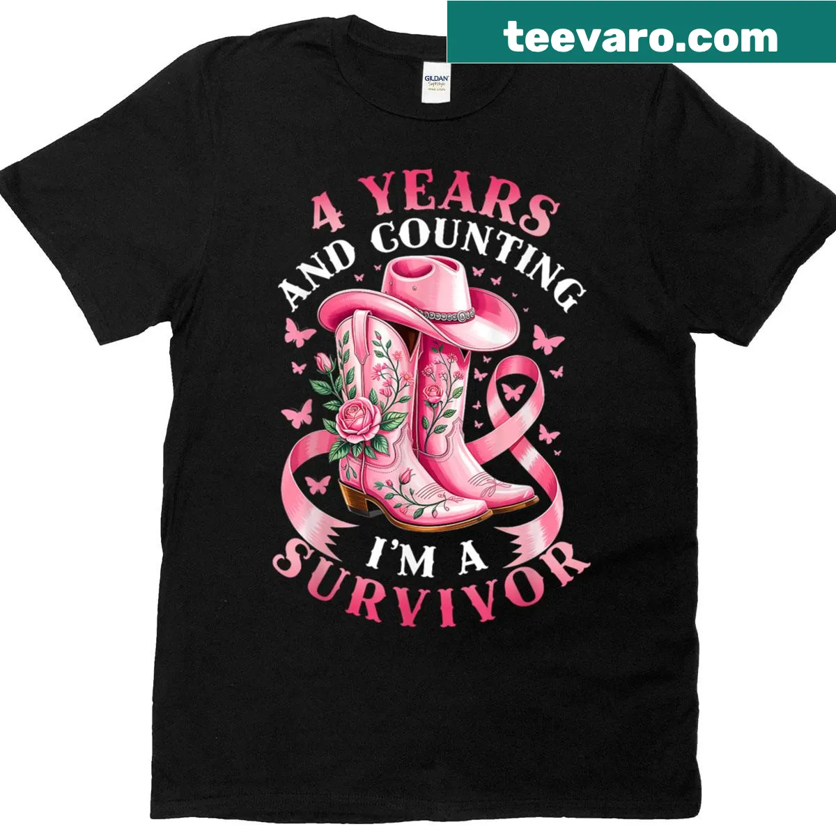 T-shirt for breast cancer survivors featuring a pink ribbon and cowgirl design — on a men's t-shirt