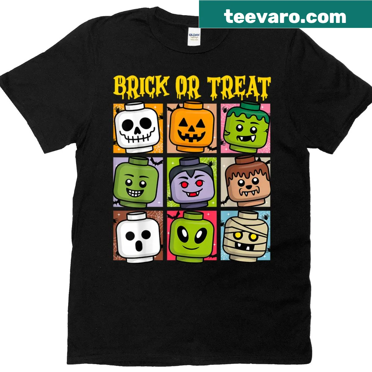 Playful Halloween-themed design with building blocks and text. — on a men's t-shirt