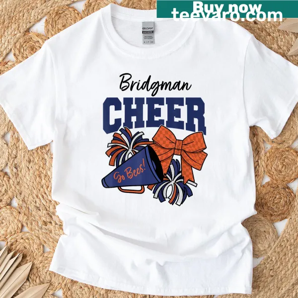 Checkered bow illustration on a Bridgman Cheer T-shirt.
