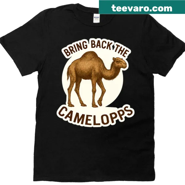 Humorous cartoon design of a camelops on a t-shirt