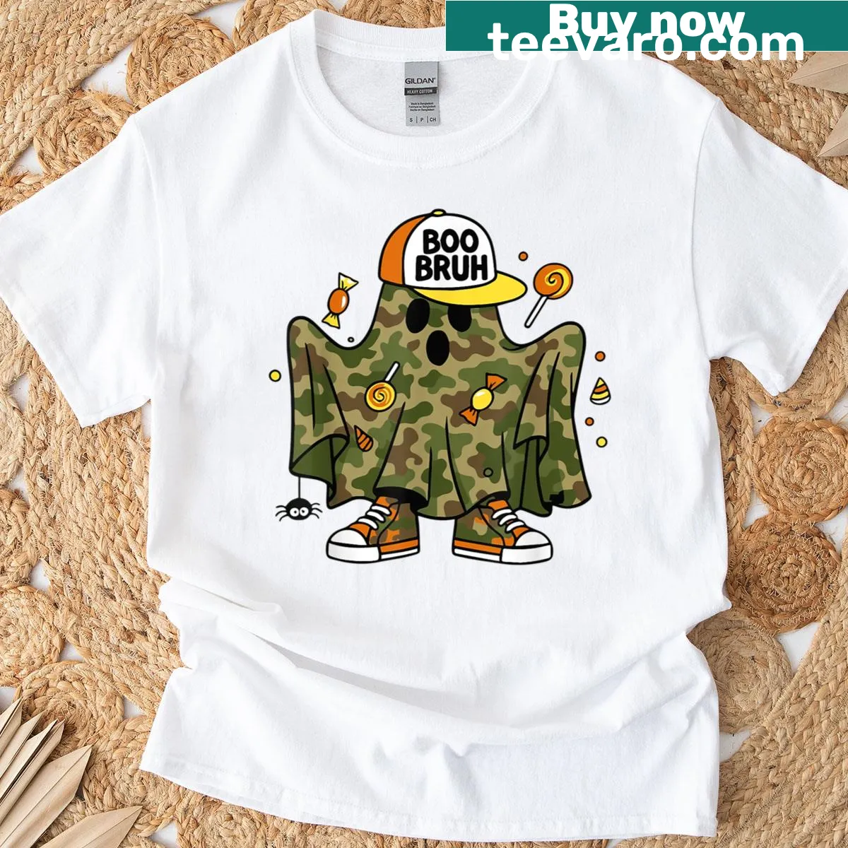 Cute cartoon ghost design for Halloween on a T-shirt — on a men's t-shirt