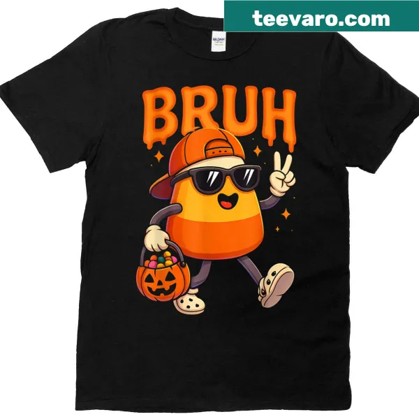 Funny Halloween t-shirt for kids with 'Bruh Halloween Team Candy Corn' text and graphics