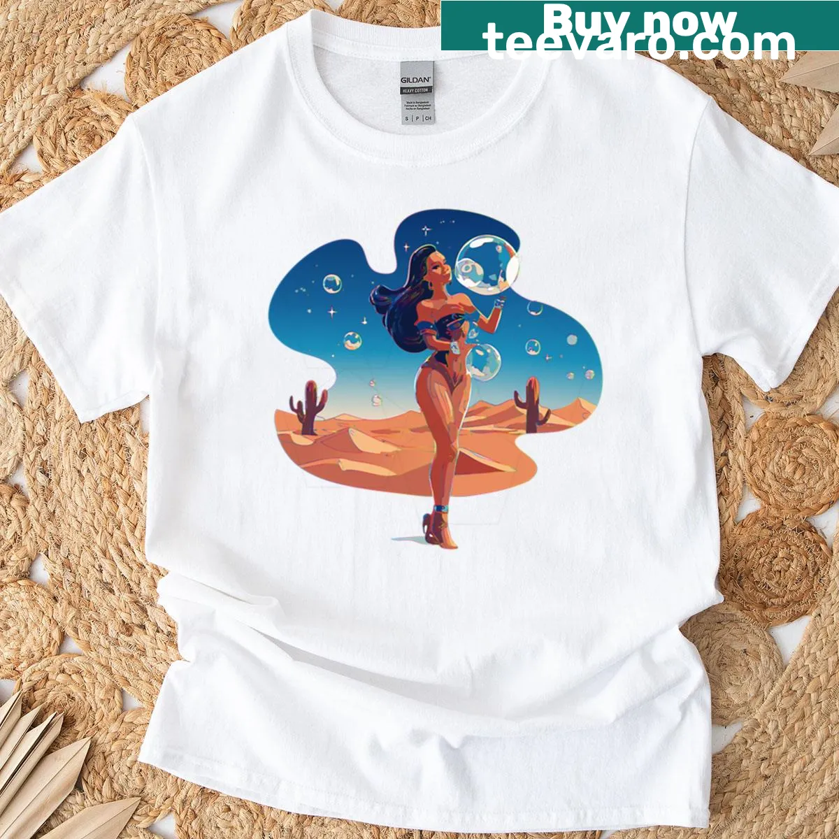 Bubble Lady T-shirt featuring whimsical bubble illustration — on a men's t-shirt