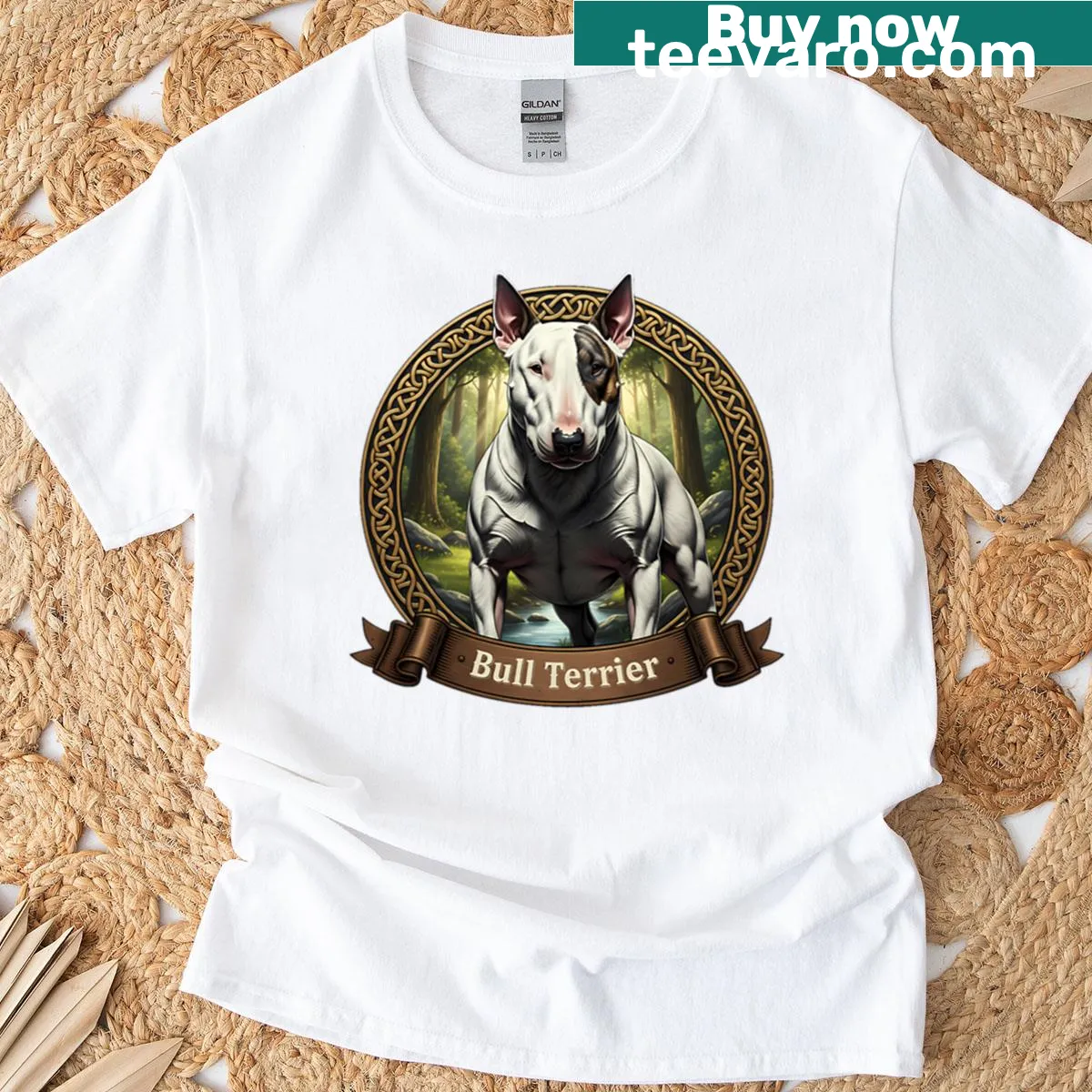 Illustration of a bull terrier on a t-shirt, celebrating the breed's charm — on a men's t-shirt