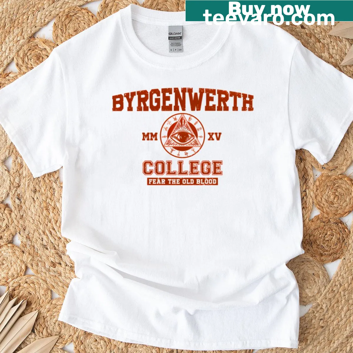 Byrgenwerth College T-shirt featuring bold typography — on a men's t-shirt