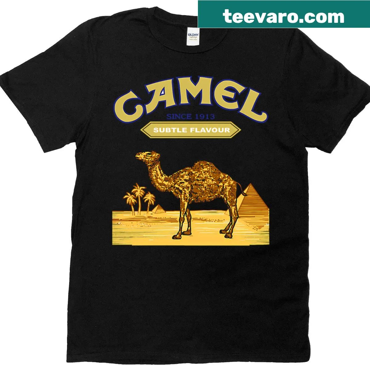 Vintage-style T-shirt featuring the Camel Cigarettes logo — on a men's t-shirt