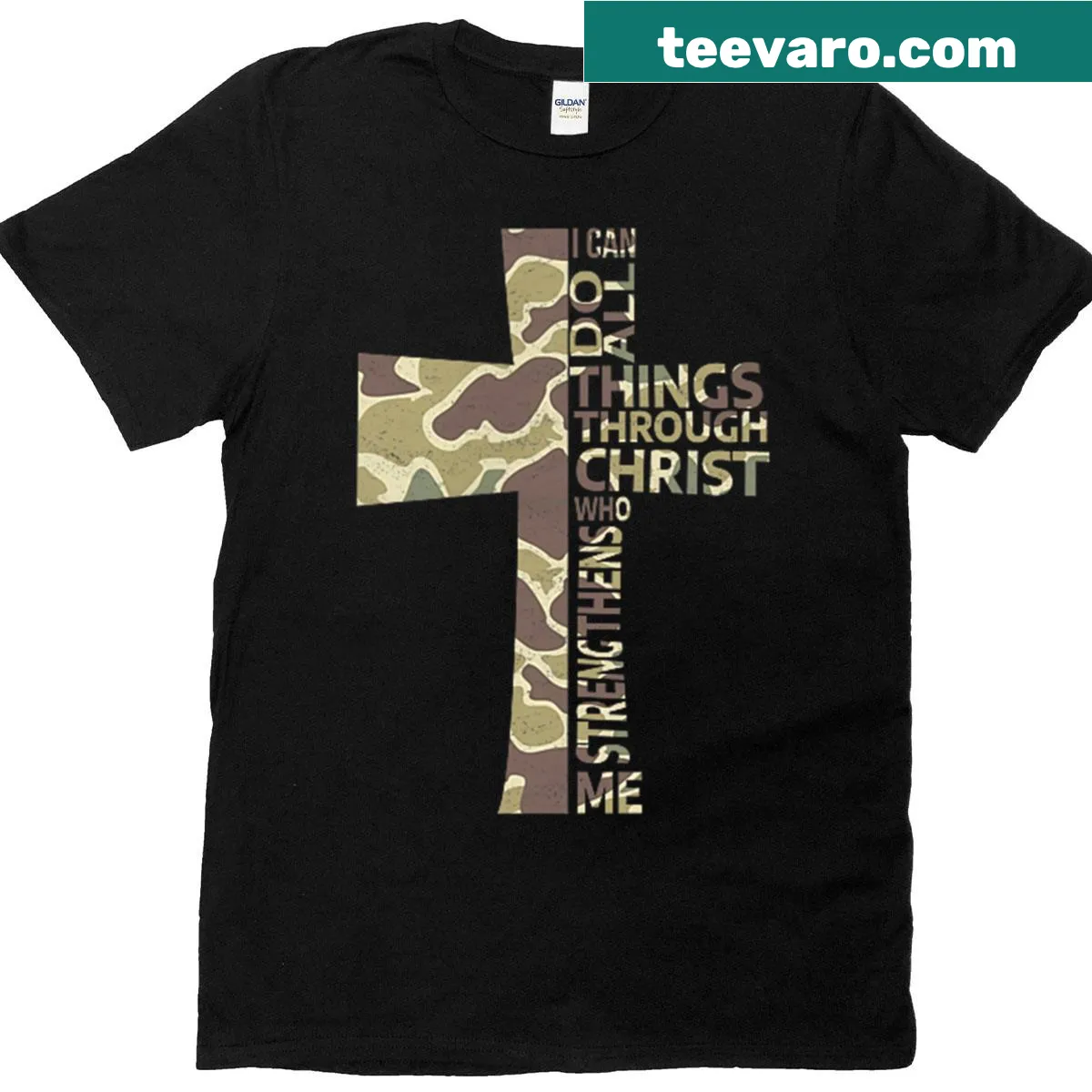 Camo T-shirt featuring motivational Christian scripture — on a men's t-shirt