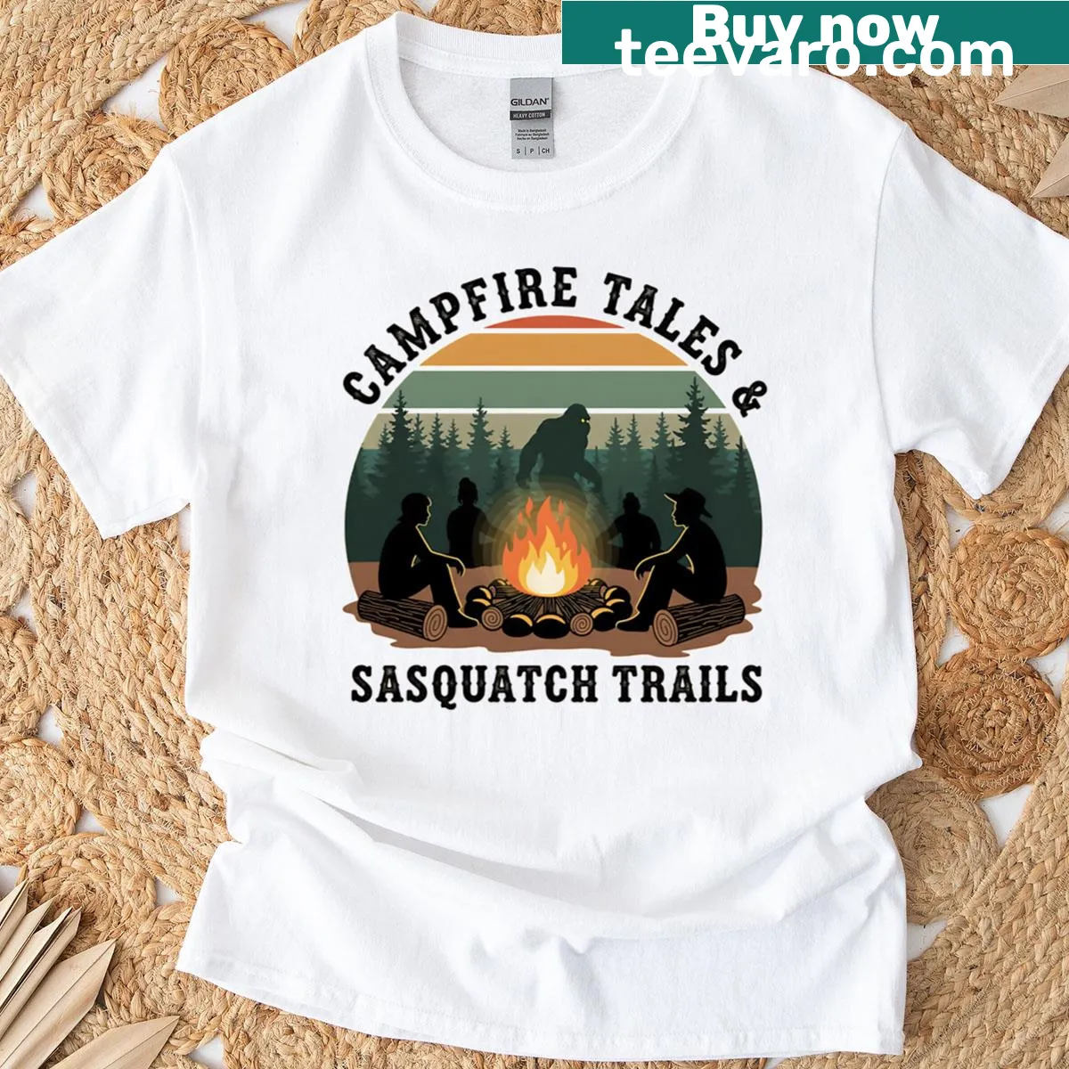 Illustrated t-shirt featuring Sasquatch in a forest setting, perfect for outdoor lovers — on a men's t-shirt