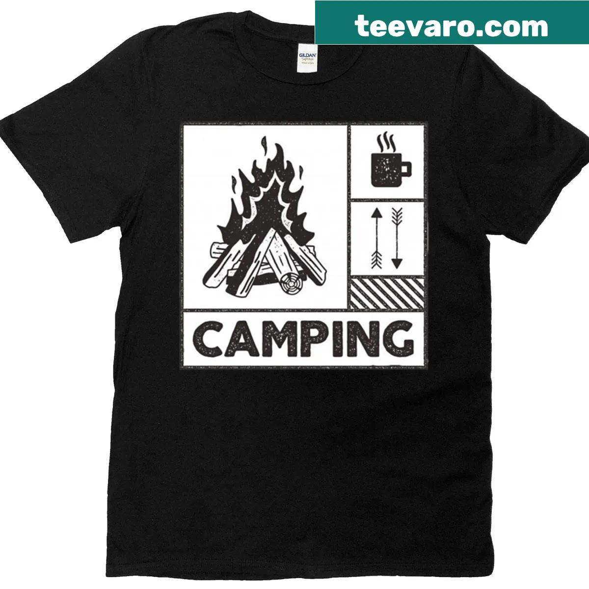 Retro design T-shirt featuring a camping fire theme — on a men's t-shirt