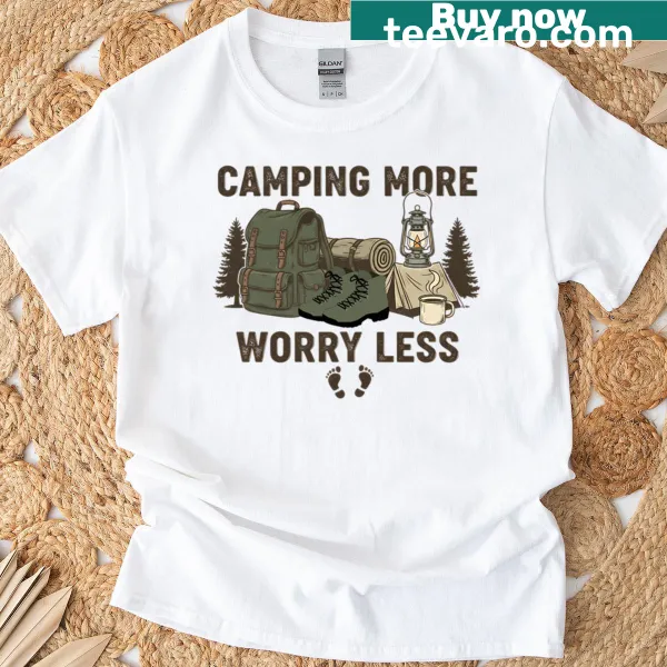 Vintage camping graphic tee with a 'Camping More Worry Less' message