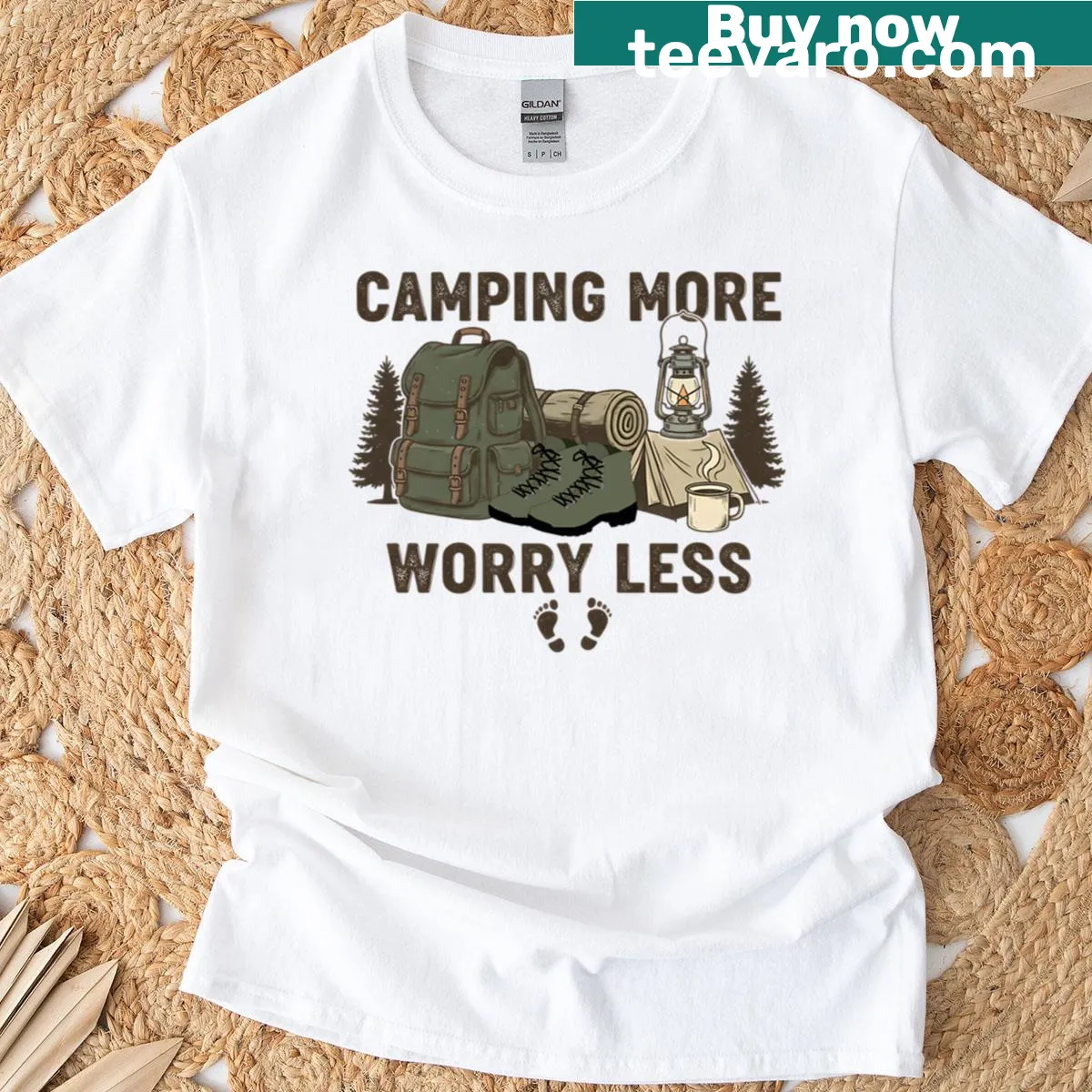 Vintage camping graphic tee with a 'Camping More Worry Less' message — on a men's t-shirt