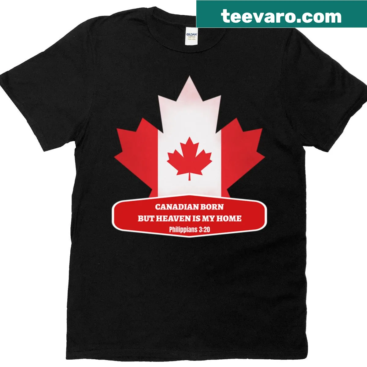 T-shirt with text about Canadian heritage and faith from Philippians 3:20 — on a men's t-shirt