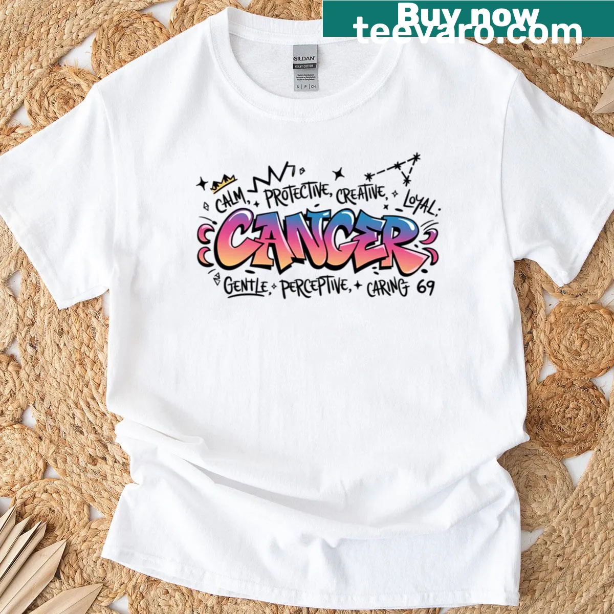 Astrology graphic t-shirt highlighting Cancer zodiac traits — on a men's t-shirt