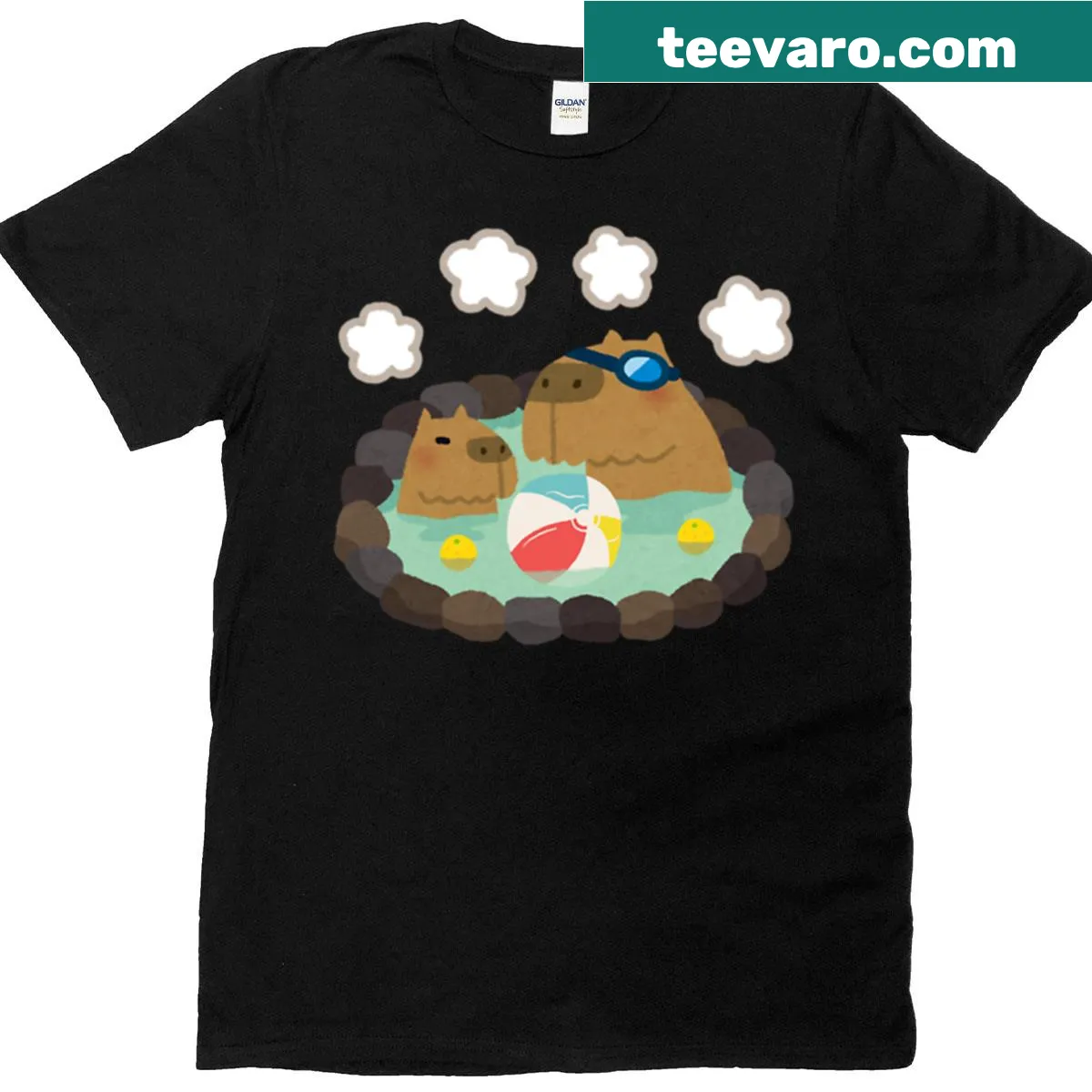 Cartoon t-shirt featuring capybaras relaxing — on a men's t-shirt
