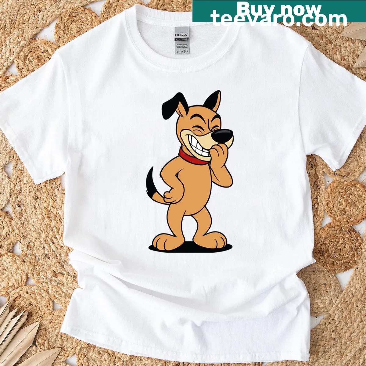 Cute t-shirt featuring a cartoon dog with a big grin — on a men's t-shirt