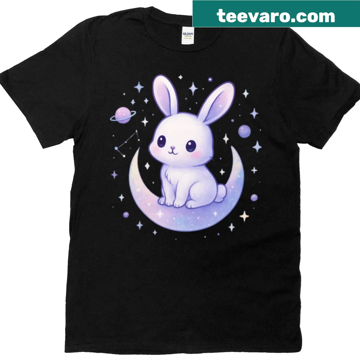 Celestial bunny under the moon T-shirt with stars — on a men's t-shirt