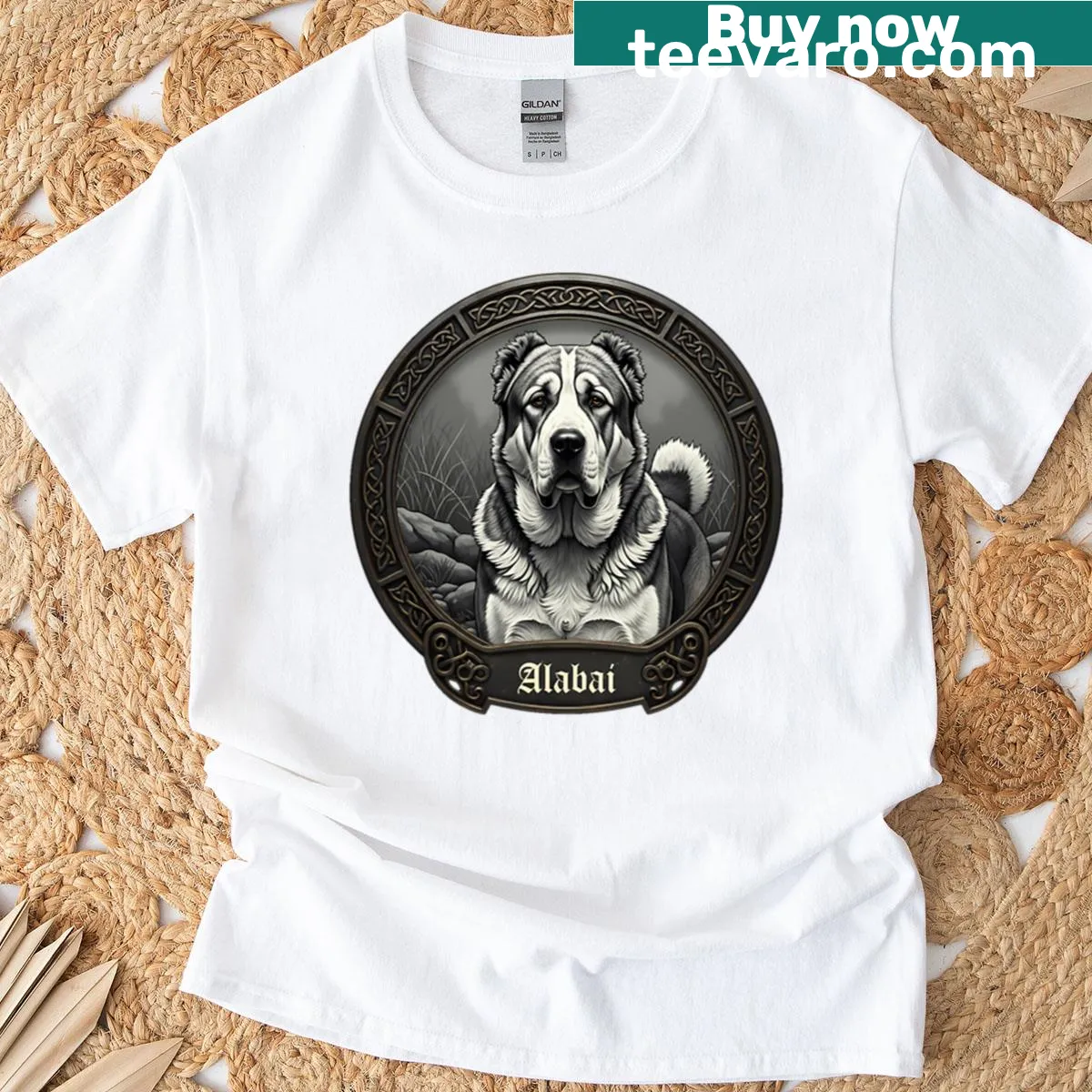 Illustrative Alabai dog t-shirt showcasing Central Asian Shepherd — on a men's t-shirt