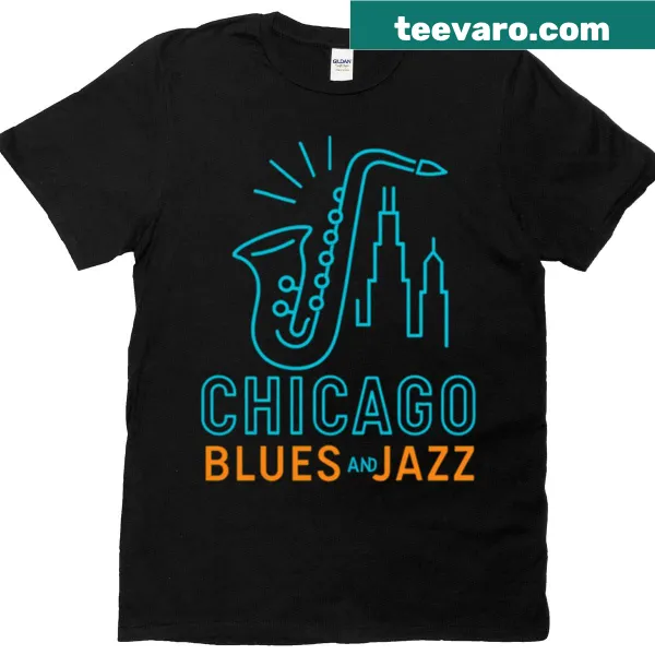 Shirt featuring saxophone and Chicago skyline design