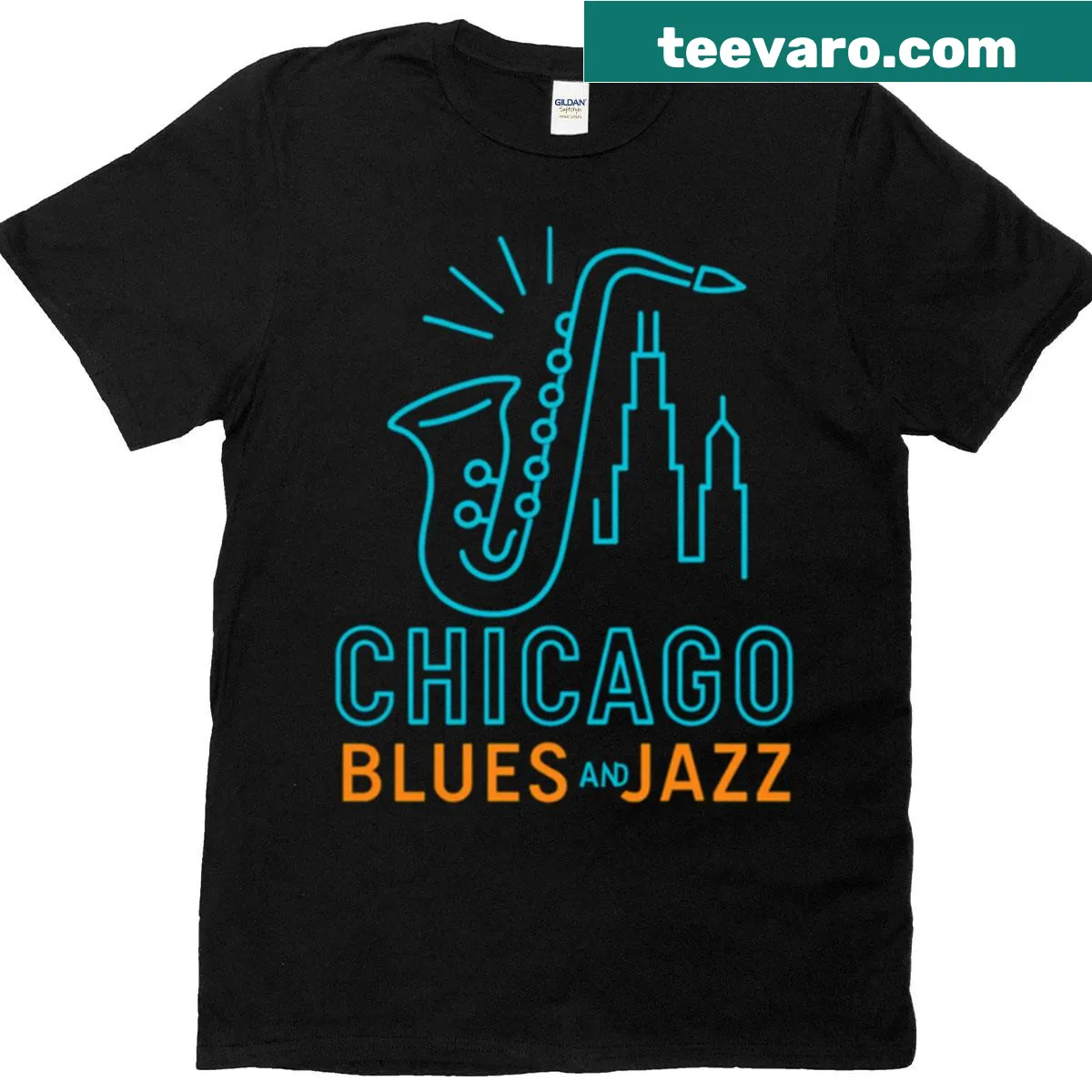 Shirt featuring saxophone and Chicago skyline design — on a men's t-shirt