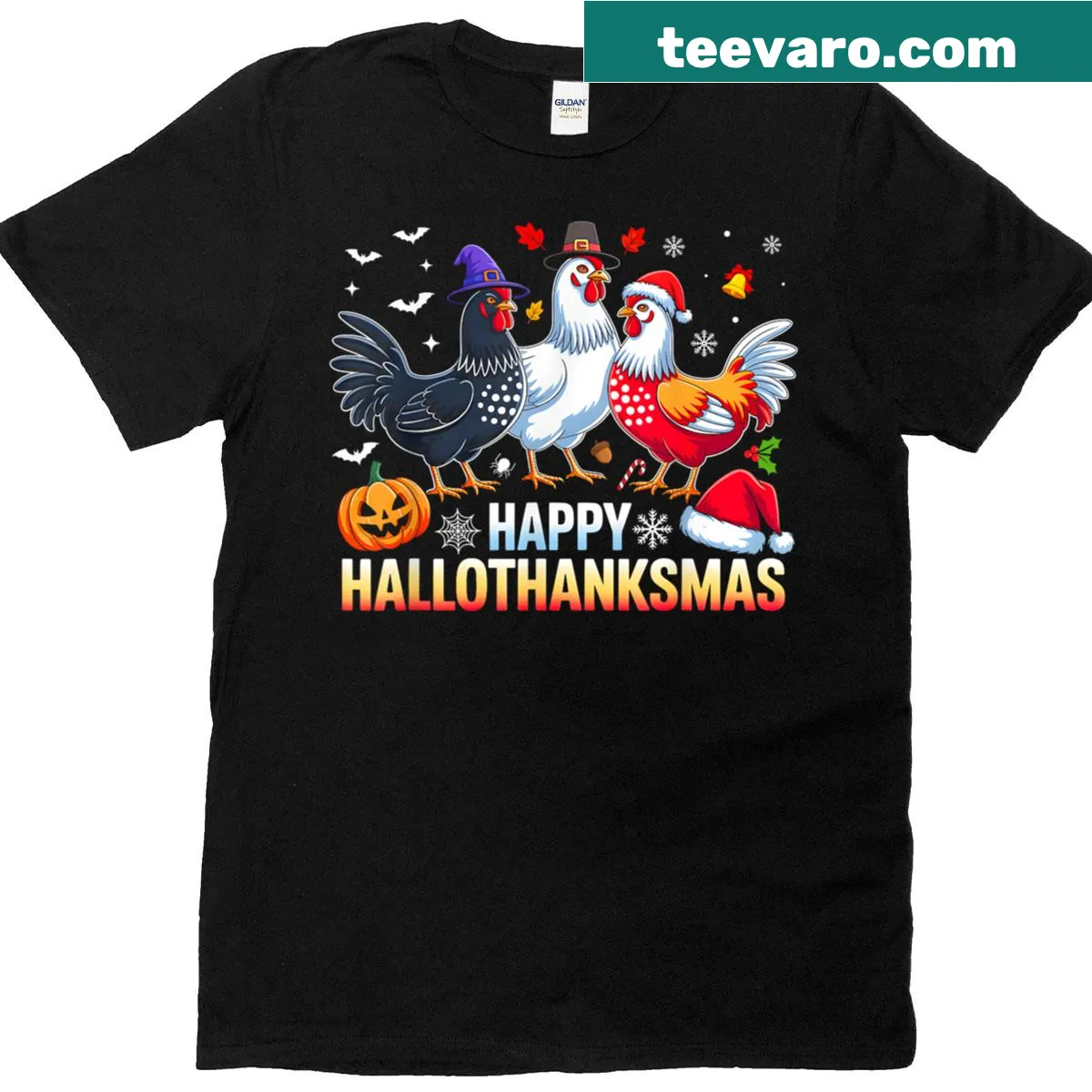 Funny holiday T-shirt with chicken design for Halloween and Thanksgiving — on a men's t-shirt