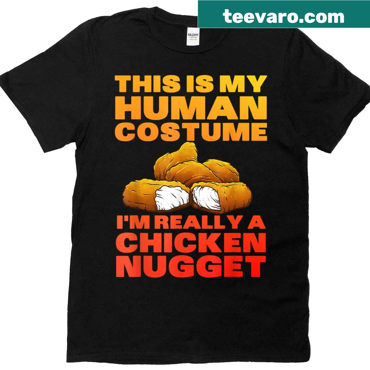 Cartoon chicken nugget graphic T-shirt for all ages — on a men's t-shirt