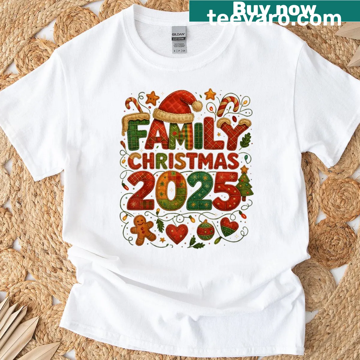 Family matching T-shirt with a festive patchwork design for Christmas — on a men's t-shirt
