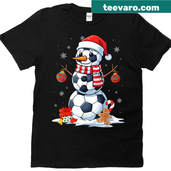 Funny Christmas T-shirt with a snowman kicking soccer balls