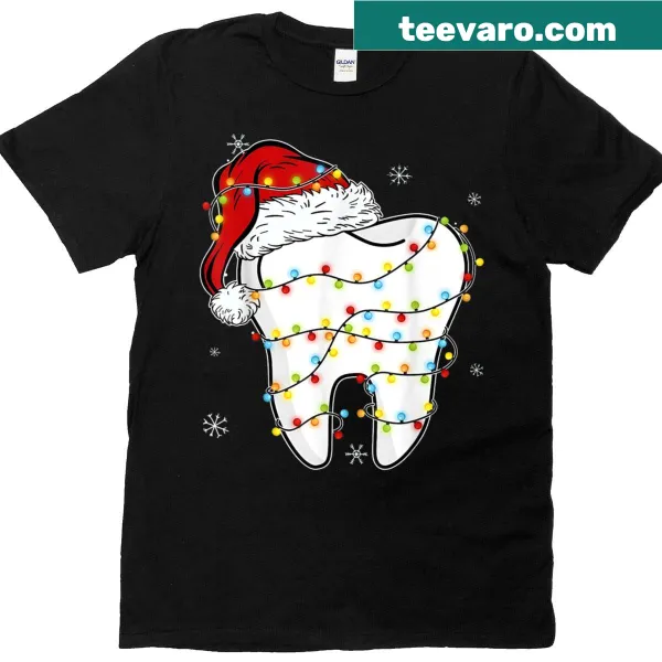 Humorous dentist-themed Christmas t-shirt with Santa hat and lights