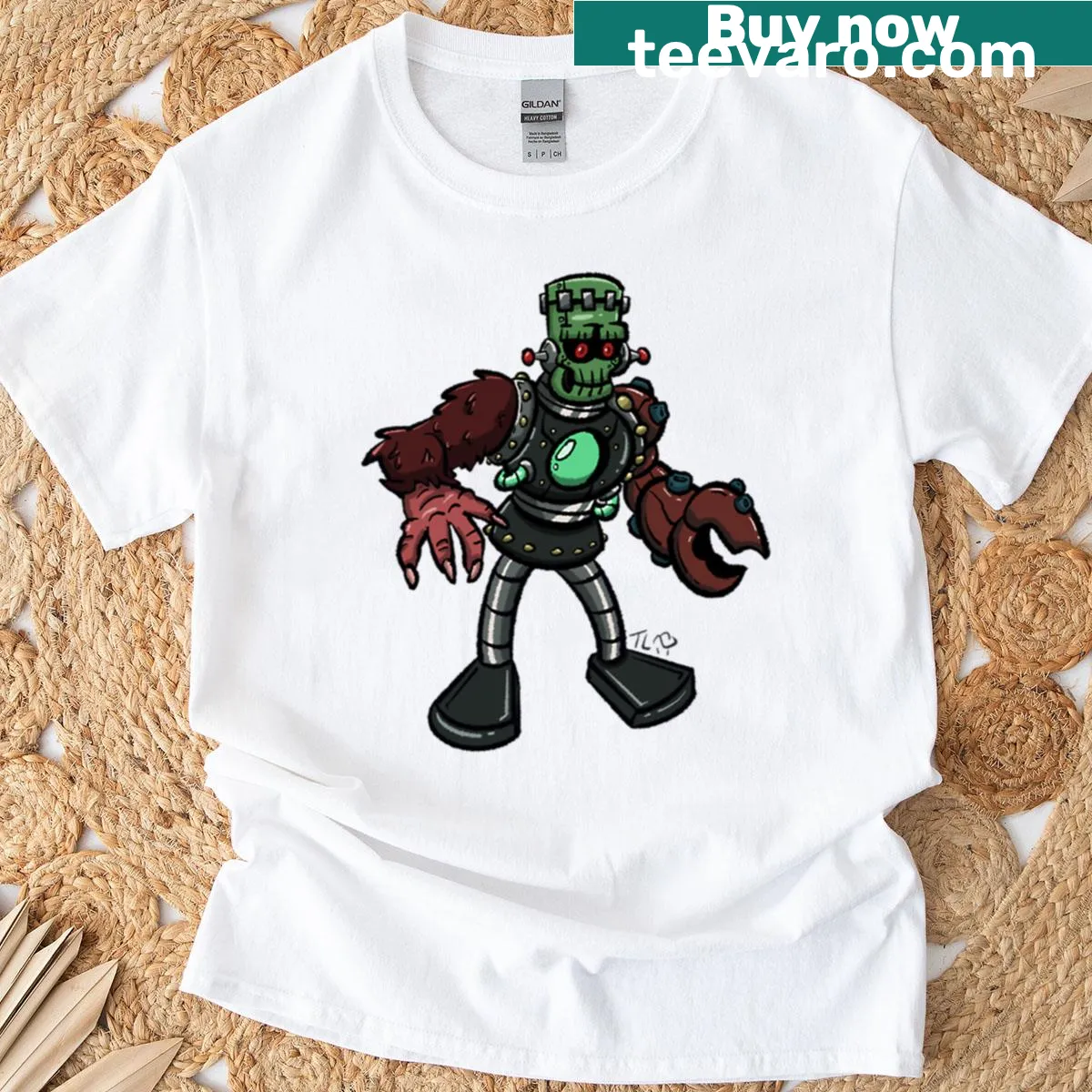 Cartoon graphic of Clankenstein, a robot version of Frankenstein — on a men's t-shirt
