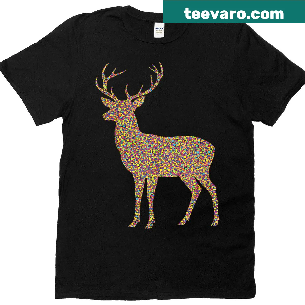 Retro style T-shirt with a colorful deer and dotted design — on a men's t-shirt