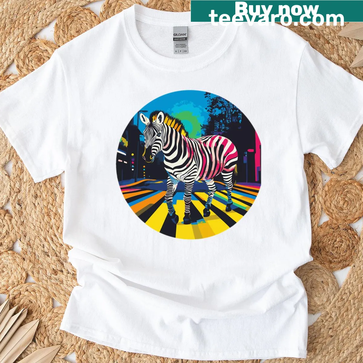 Zebra graphic in neon cityscape on a T-shirt — on a men's t-shirt