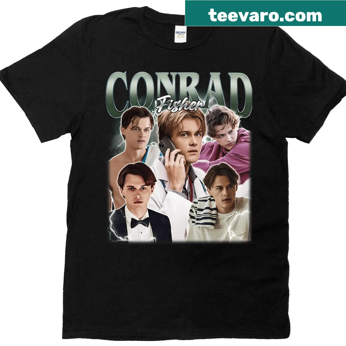 Vintage-style t-shirt featuring the name 'Conrad Fisher' in a bootleg design — on a men's t-shirt