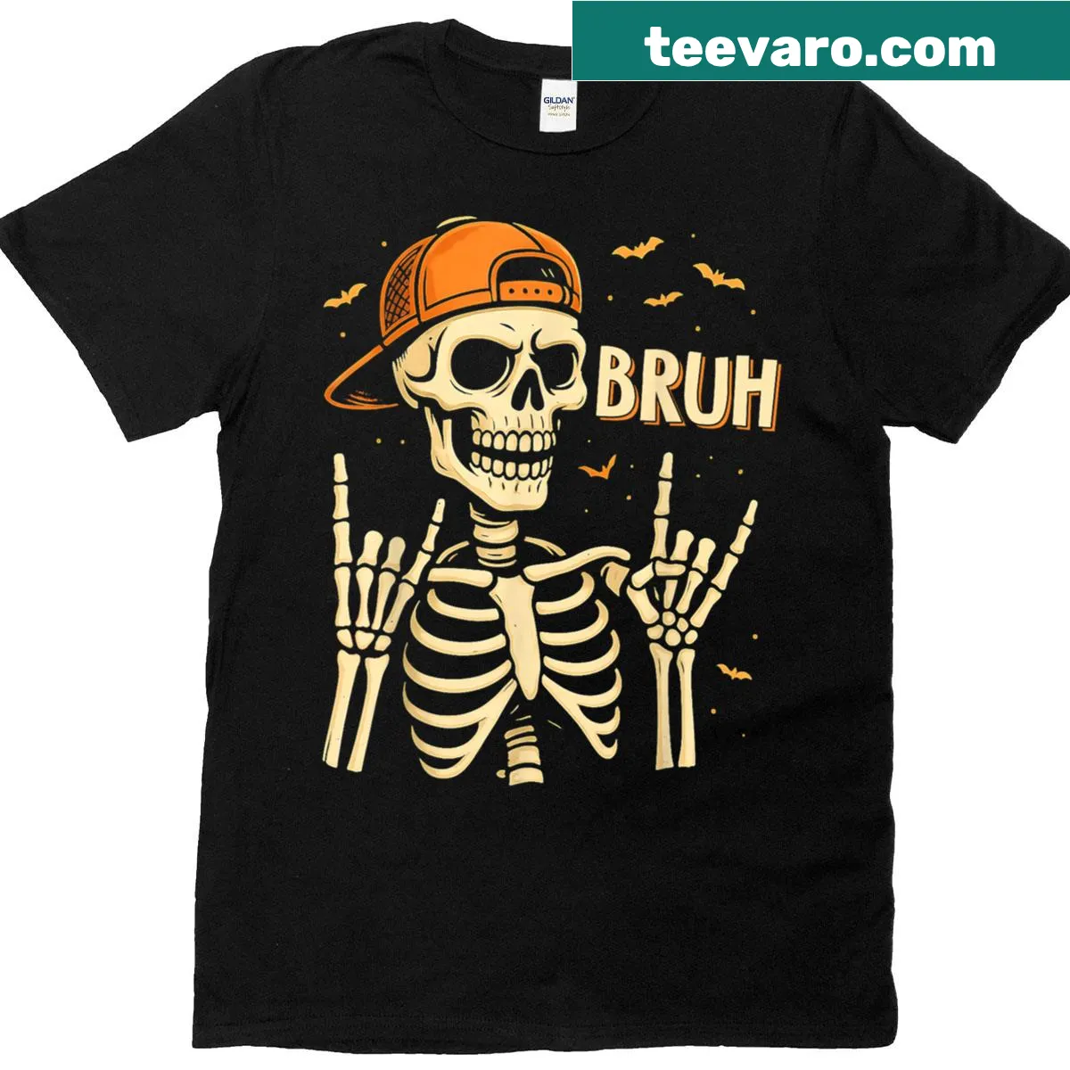 Skeleton graphic making a rock hand sign on a T-shirt — on a men's t-shirt