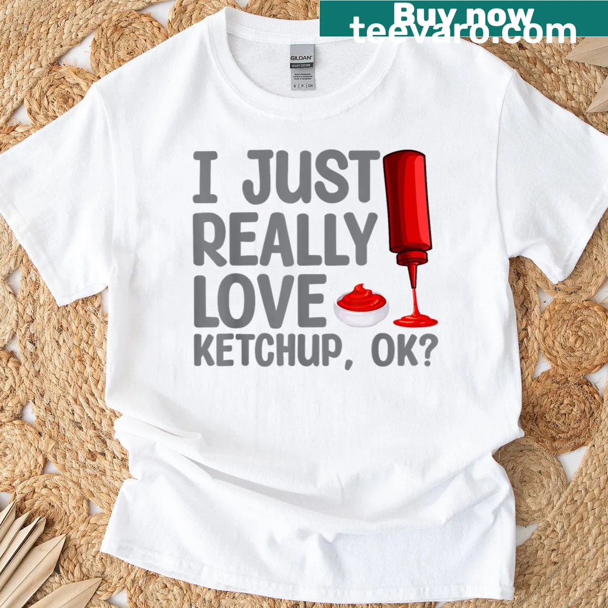 Cartoon ketchup graphic on T-shirt — on a men's t-shirt