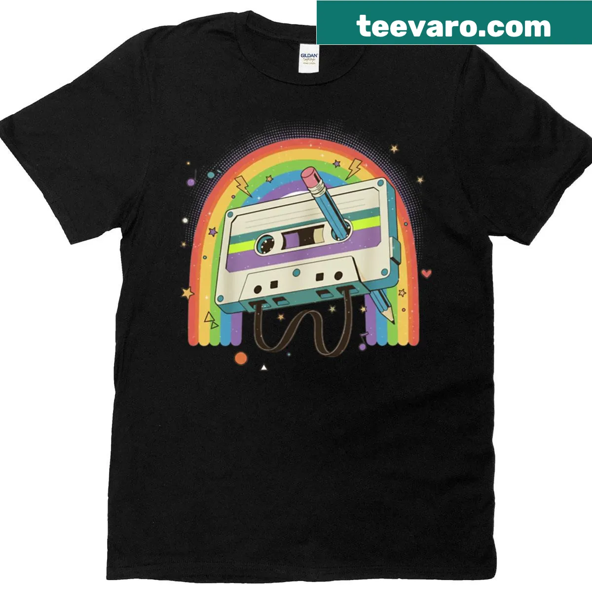Vintage oversized t-shirt featuring a retro cassette tape and pencil graphic — on a men's t-shirt
