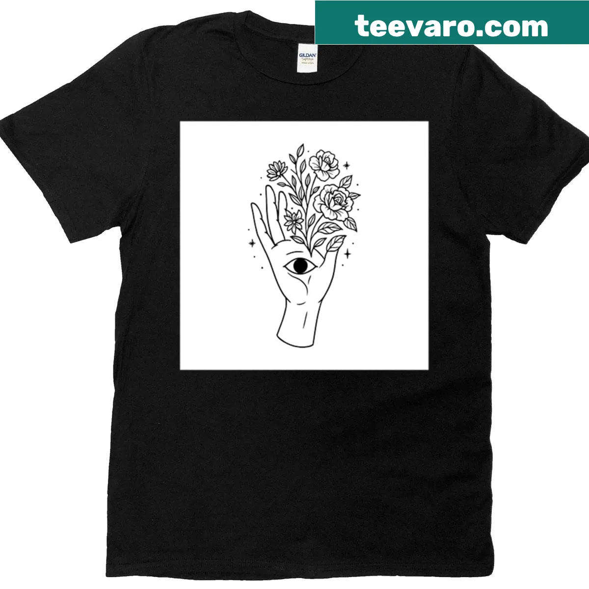 Minimalist line-art of a cosmic hand holding a flower — on a men's t-shirt