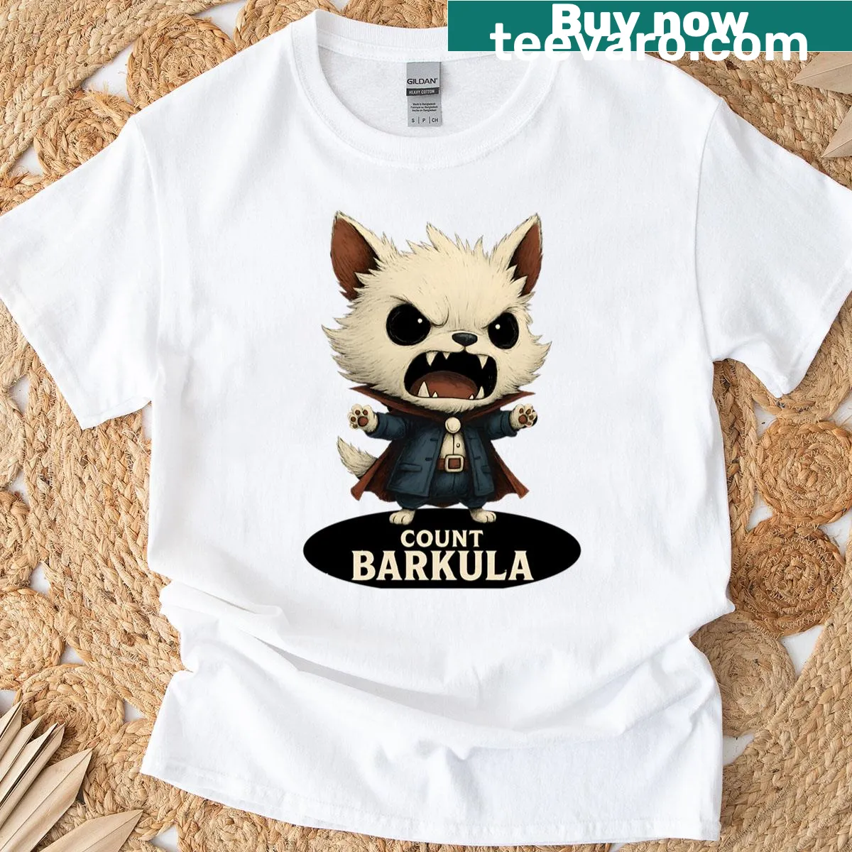 Whimsical vampire puppy illustration on a T-shirt. — on a men's t-shirt
