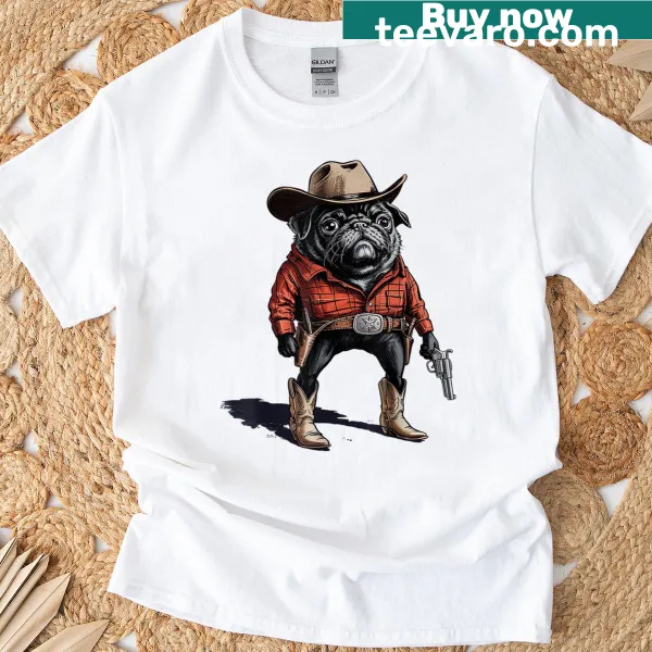 Cartoon cowboy pug graphic on a cute T-shirt