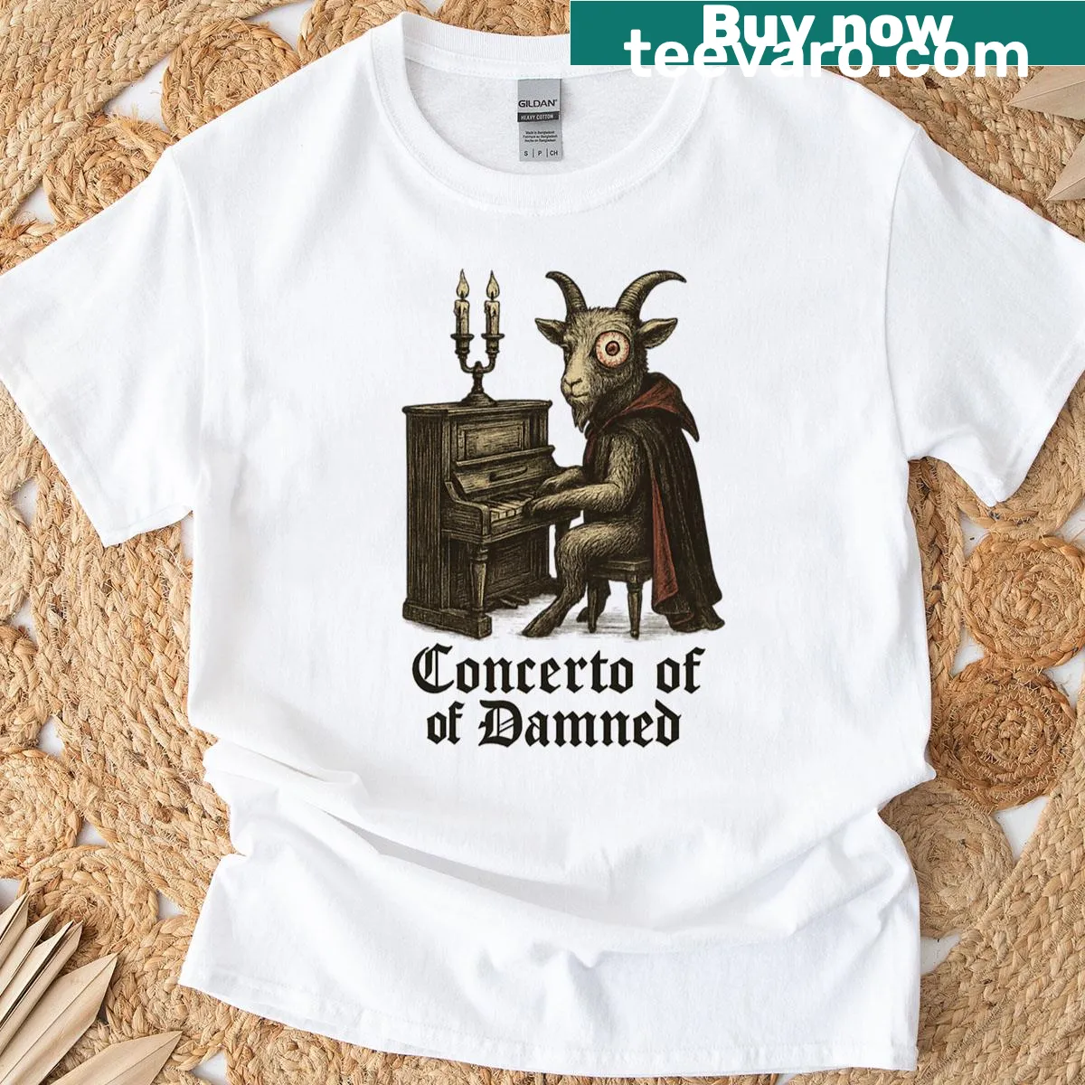 Vintage etching of a goat playing piano on a T-shirt — on a men's t-shirt