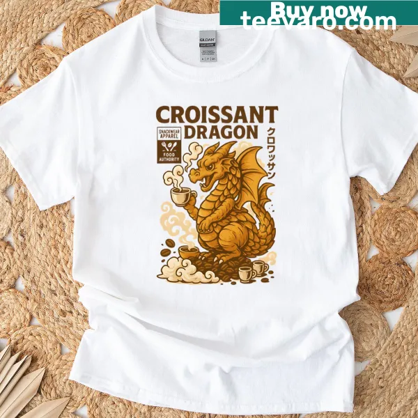 Oversized T-shirt with a cartoon croissant dragon graphic