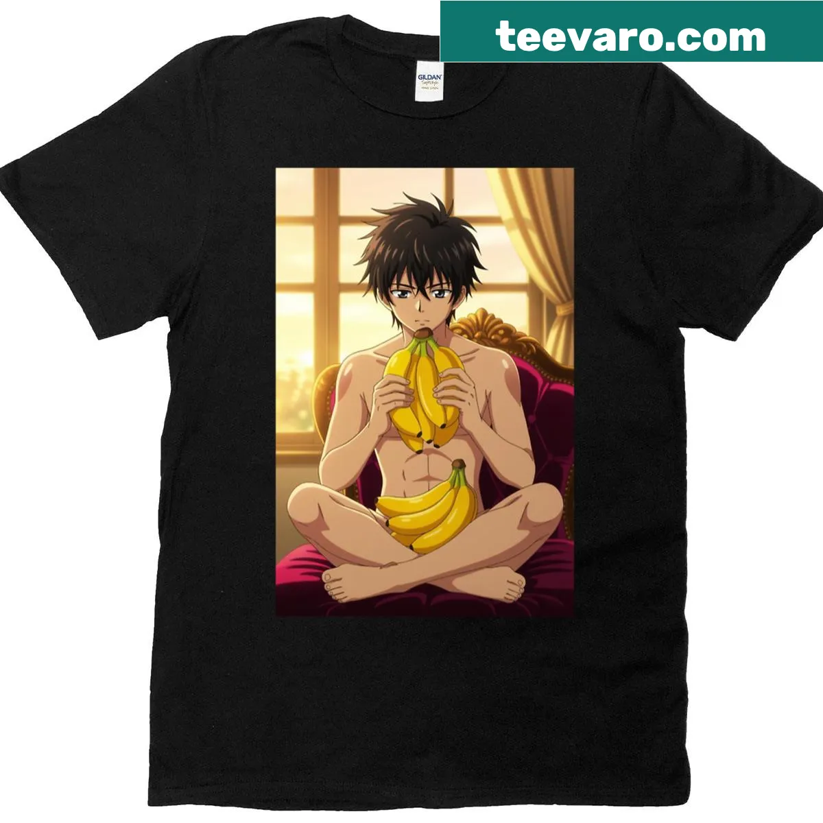 Anime boy sitting on a red velvet chair surrounded by bananas — on a men's t-shirt