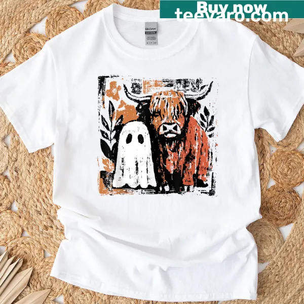 Cartoon ghost Highland cow on a Halloween-themed T-shirt