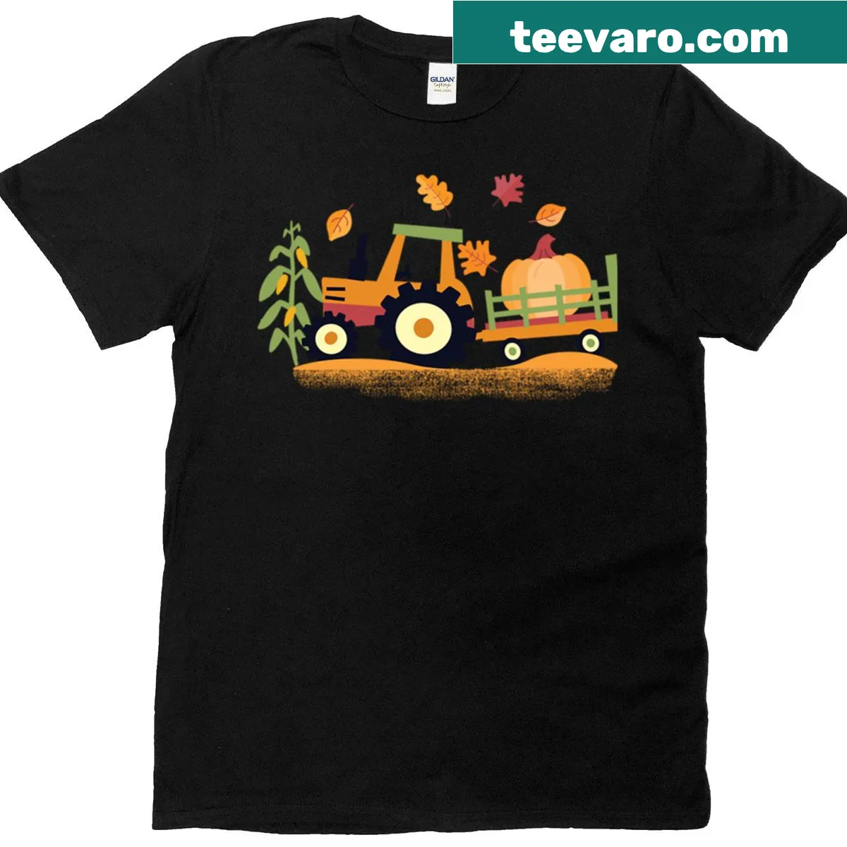 Cute T-shirt with farm tractor, pumpkin, and cornstalks design — on a men's t-shirt