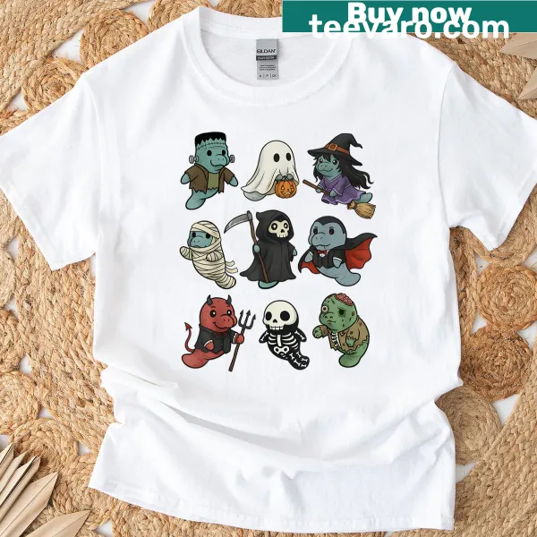 Adorable manatee ghost cartoon on a kids T-shirt
