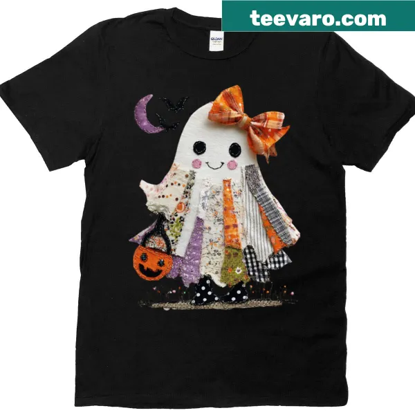 Oversized T-shirt with a cute patchwork ghost wearing a bow