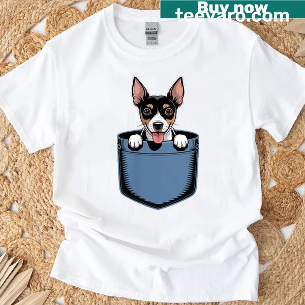 Cartoon illustration of a Rat Terrier in a pocket on a T-shirt