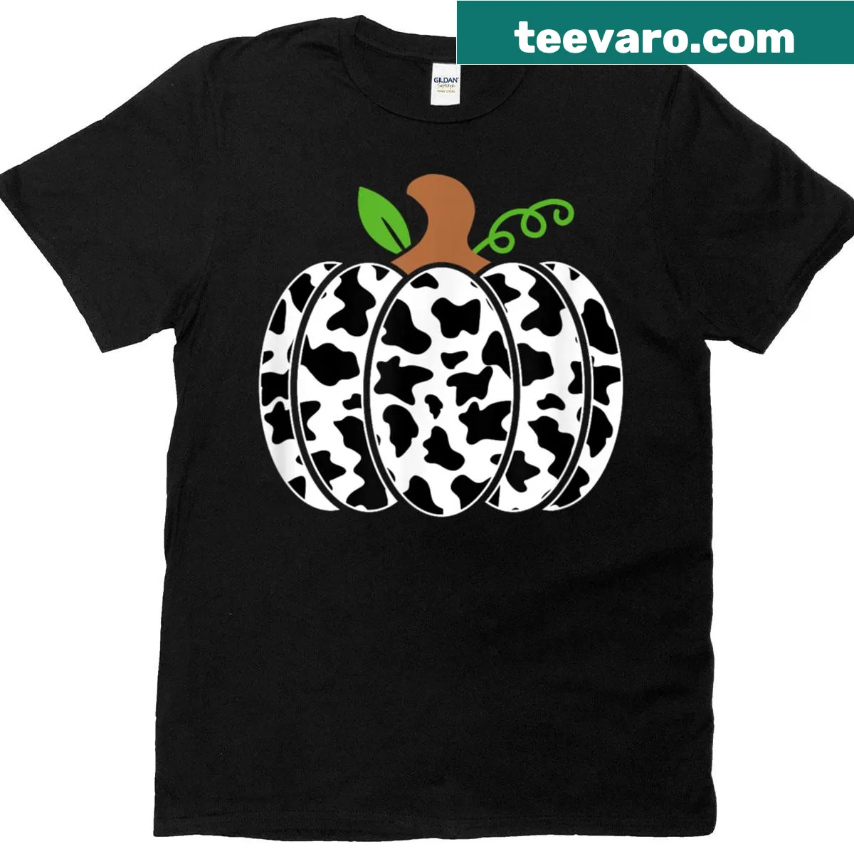 Whimsical pumpkin cow print design for fall and Halloween — on a men's t-shirt