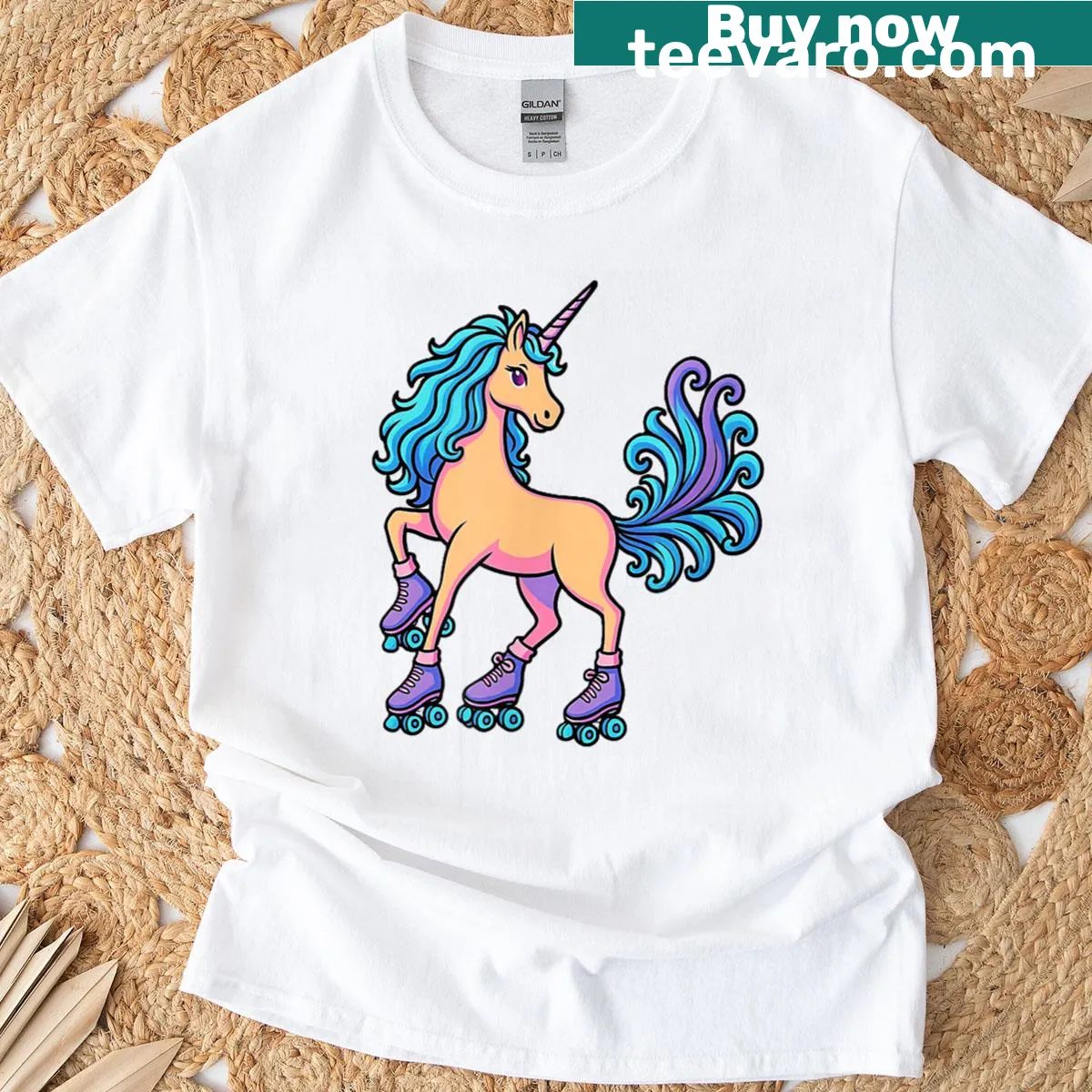 Illustration of a cute unicorn on roller skates in a magical design — on a men's t-shirt