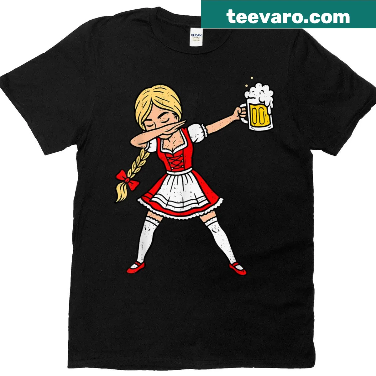 Oktoberfest t-shirt featuring a woman in lederhosen dabbing with beer — on a men's t-shirt